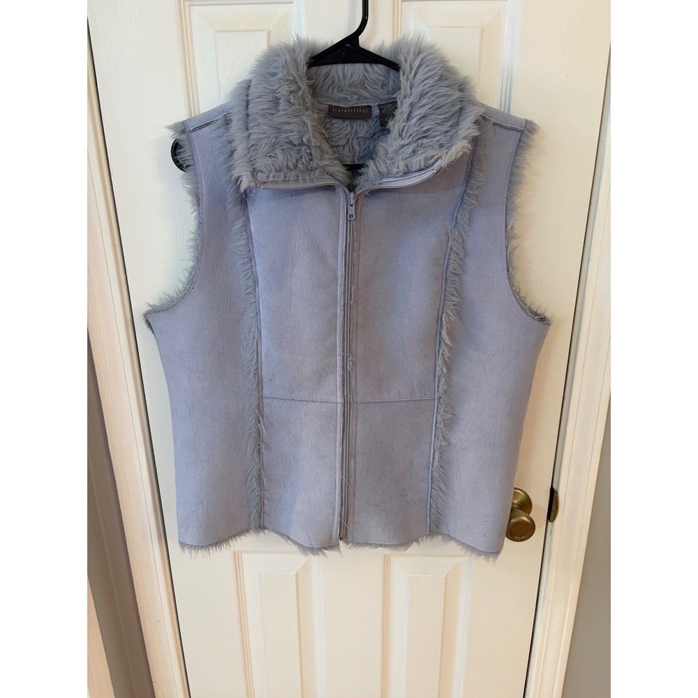 Relativity Vest Womens L Blue Faux Suede Fur Trim Full Zip Sleeveless Jacket